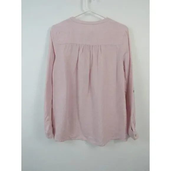 Sigrid Olsen Small 100% Linen Baby Pink Popover Blouse Roll Tab Sleeves Crewneck - Picture 5 of 5